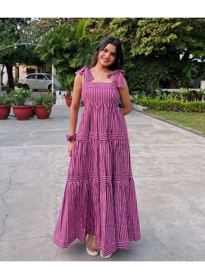 VISHVA CREATION Pink Striped Maxi Dress for Women - Image 1